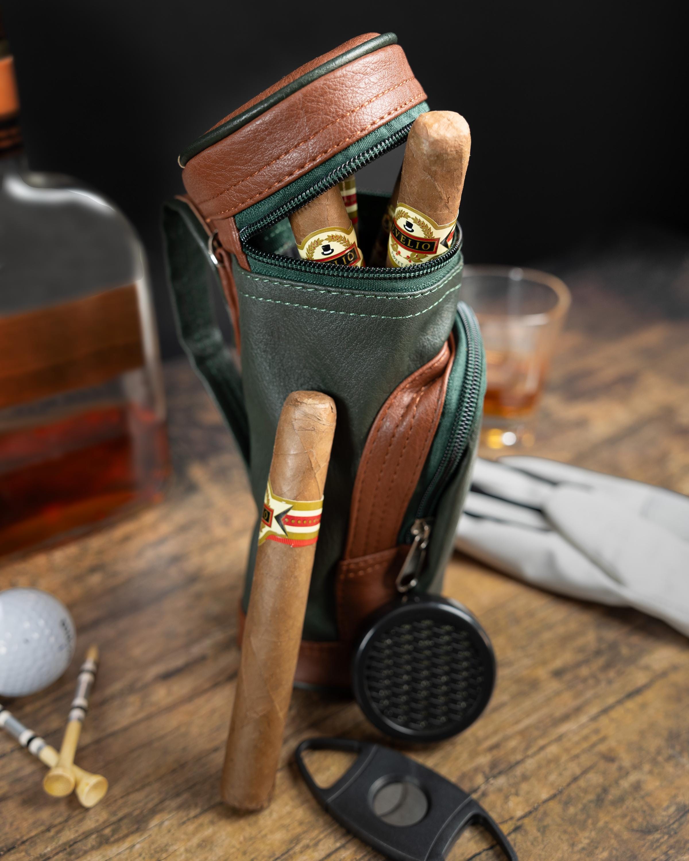 Golf Club Bag Cigar Humidor - Leather Golf-Themed Storage w/ Accessory Pocket, Golf Gift for Cigar Lovers, groomsmen, personalized golf gift
