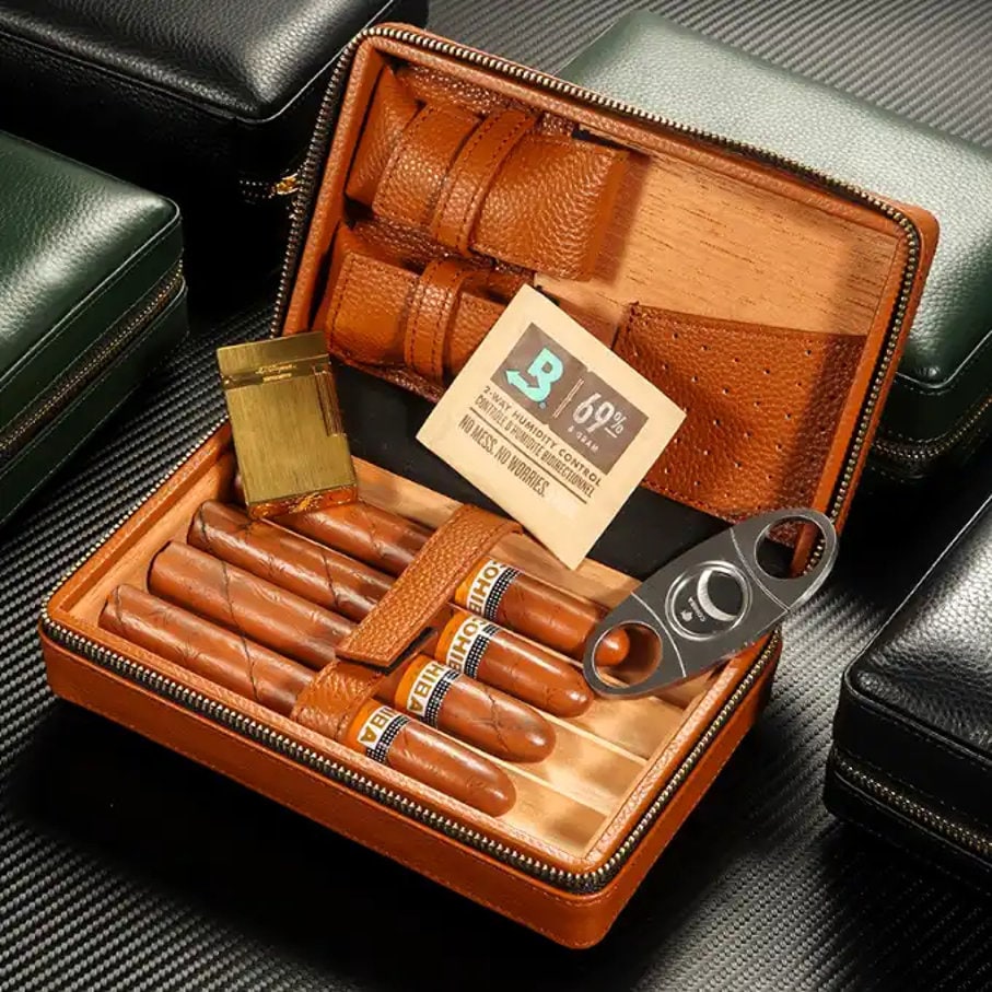 Cigar Humidor Travel Case w Lighter & Cutter INCLUDED, Leather, Custom Personalized