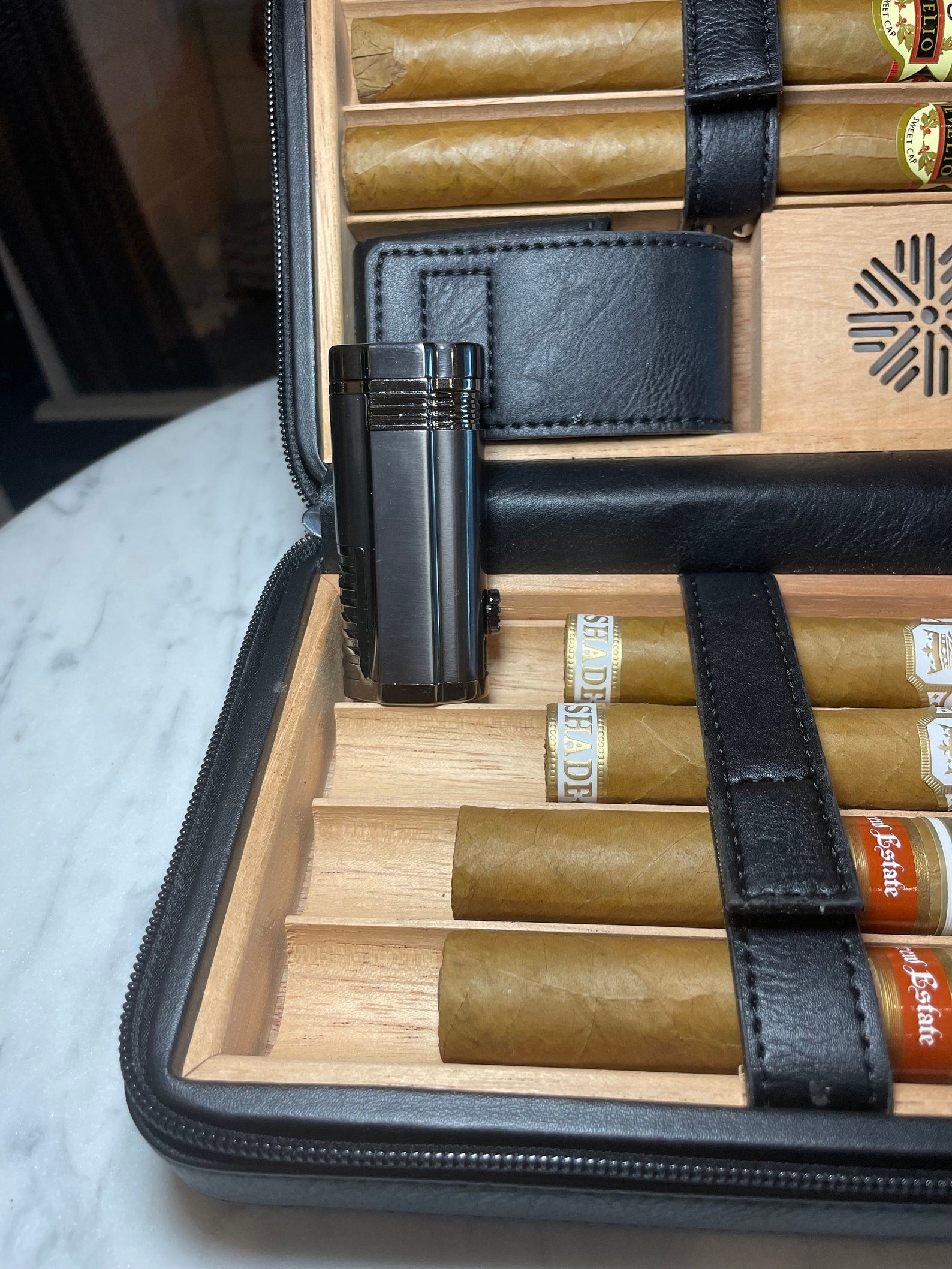 Cigar Humidor Travel Case, Custom Personalized, lighter & Cutter. Premium Cigar Accessory gift for Aficionado. Mens cigar accessory gift.