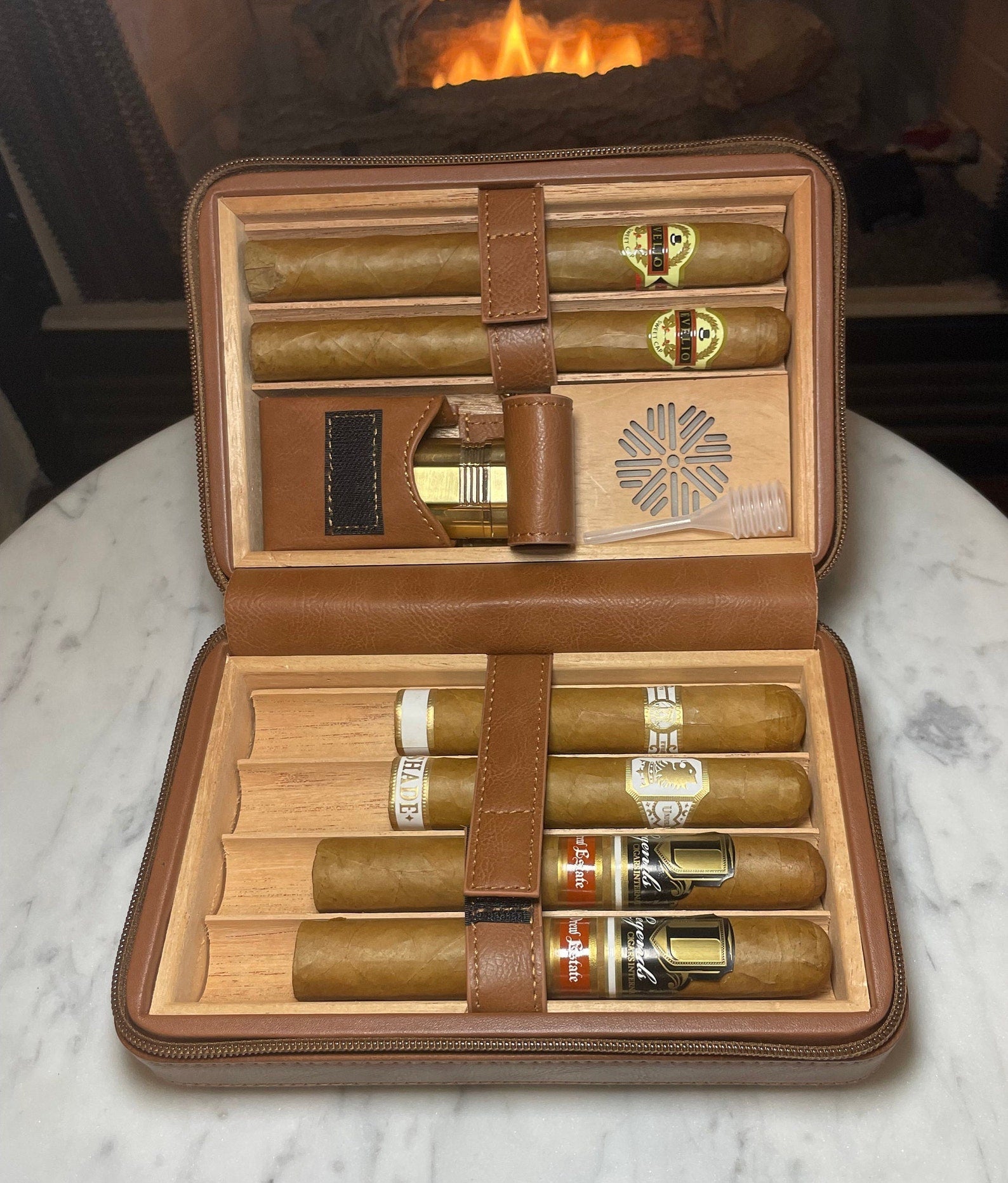 Cigar Humidor Travel Case, Custom Personalized, lighter & Cutter. Premium Cigar Accessory gift for Aficionado. Mens cigar accessory gift.