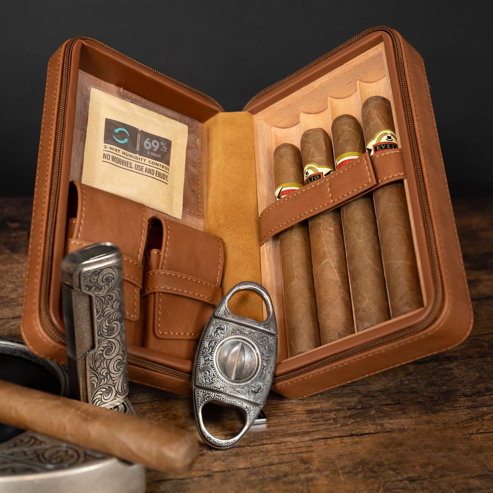 Cigar Case Personalized Leather Custom Engraved Travel Humidor Gift Set with Lighter and Cutter 2026 gift, Cedar, Christmas Gift Dad