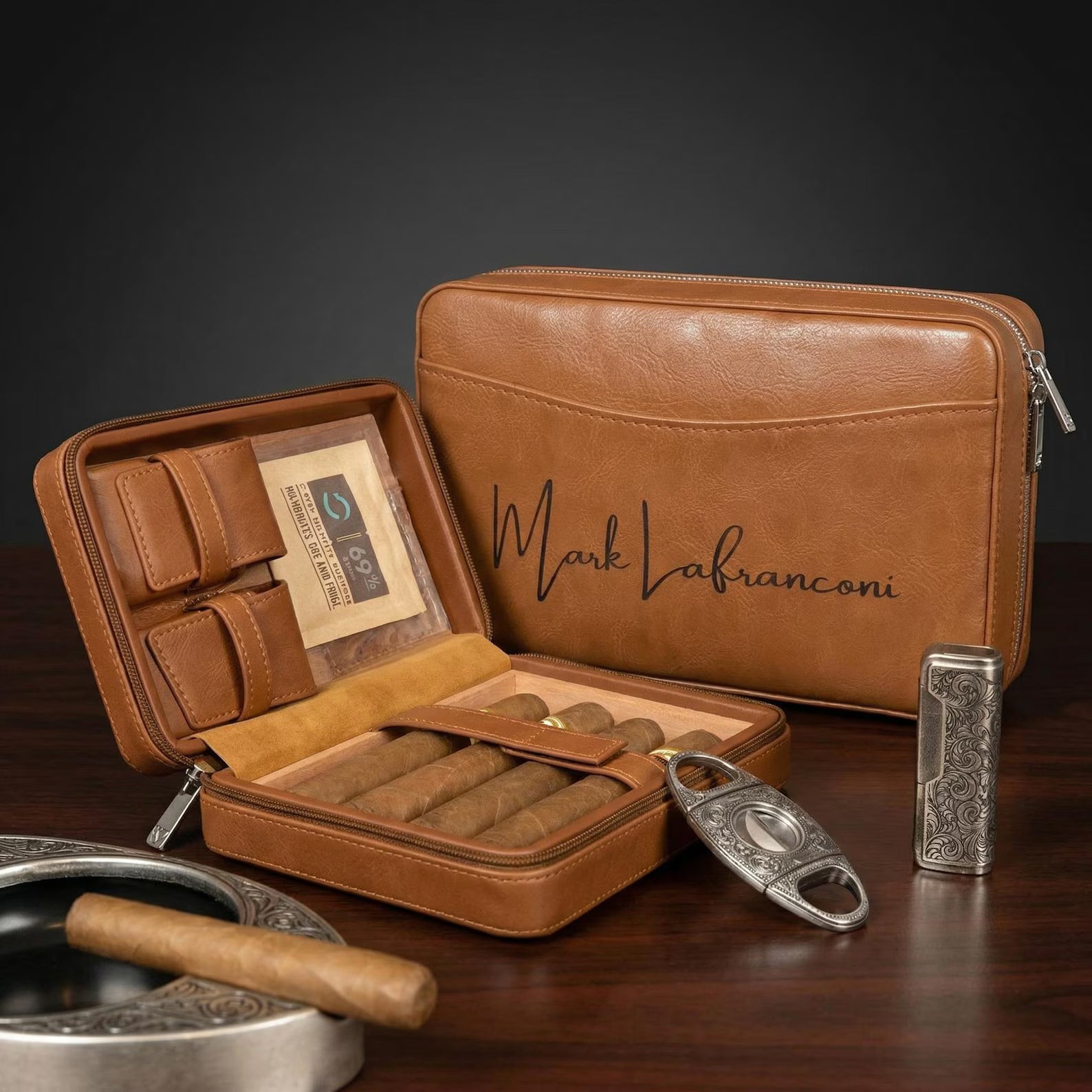 Cigar Case Personalized Leather Custom Engraved Travel Humidor Gift Set with Lighter and Cutter 2026 gift, Cedar, Christmas Gift Dad