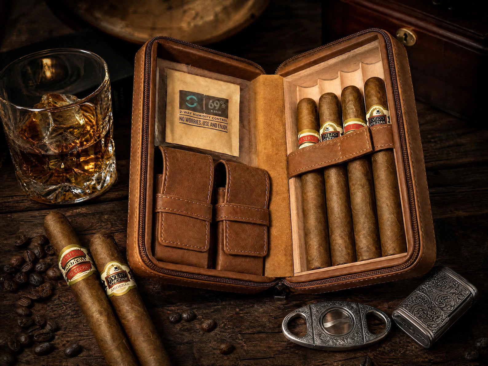 Cigar Case Personalized Leather Custom Engraved Travel Humidor Gift Set with Lighter and Cutter 2026 gift, Cedar, Christmas Gift Dad
