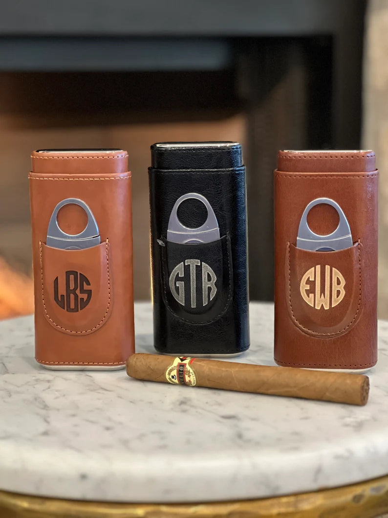 Cigar Case, 3 Finger, Leather, Cedar-wood lined, Custom Personalization with Lighter & Cutter