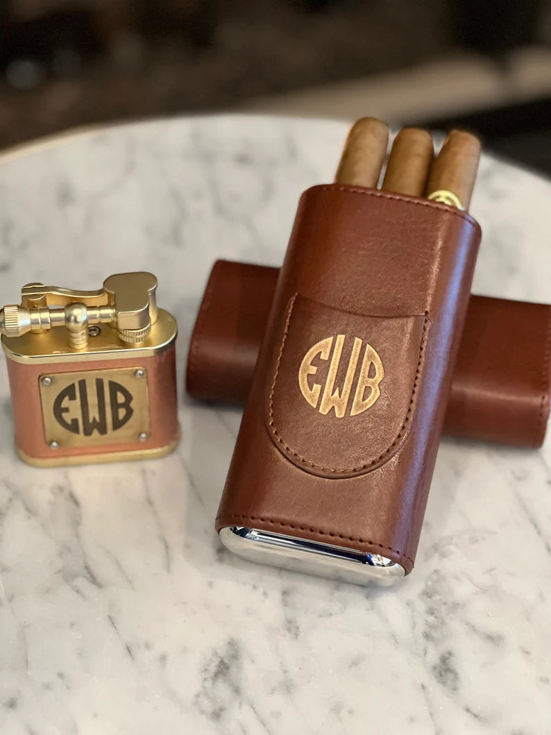 Cigar Case, 3 Finger, Leather, Cedar-wood lined, Custom Personalization with Lighter & Cutter