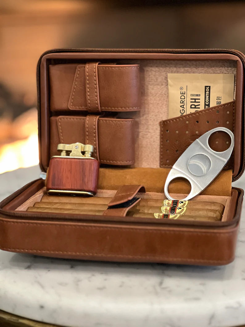 Cigar Humidor Travel Case w Lighter & Cutter INCLUDED, Leather, Custom Personalized