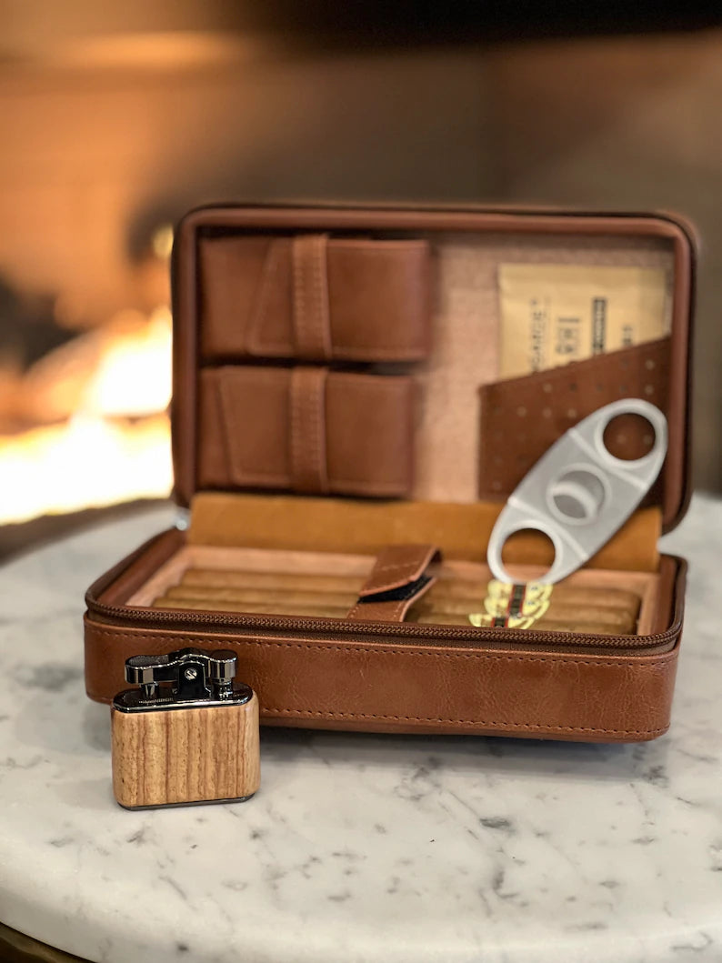 Cigar Humidor Travel Case w Lighter & Cutter INCLUDED, Leather, Custom Personalized