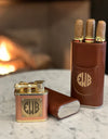 Cigar Case, 3 Finger, Leather, Cedar-wood lined, Custom Personalization with Lighter & Cutter