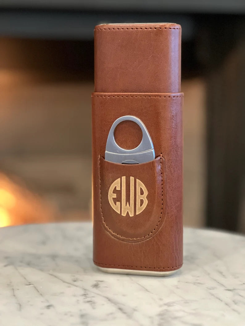 Cigar Case, 3 Finger, Leather, Cedar-wood lined, Custom Personalization with Lighter & Cutter