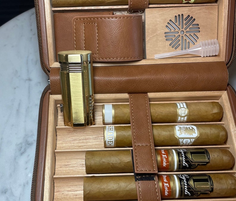 Cigar Humidor Travel Case, Custom Personalized, lighter & Cutter. Premium Cigar Accessory gift for Aficionado. Mens cigar accessory gift.