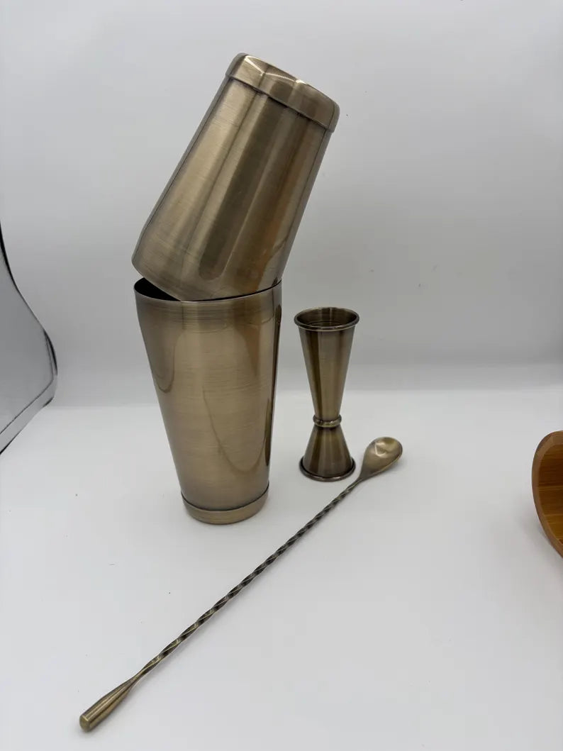 Cocktail Shaker Set Bartender Kit Antique Brass Plated Finish Stainless Steel 11-Piece with Stand Home Bar Mixologist Barware Boston Shaker