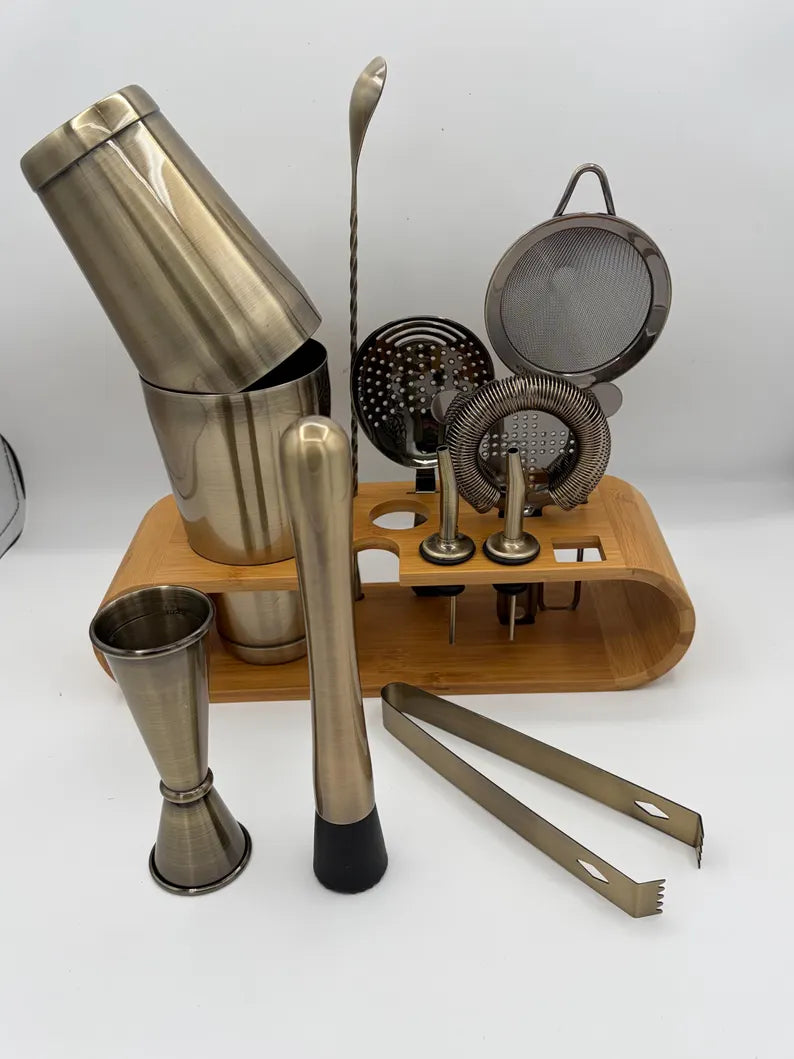 Cocktail Shaker Set Bartender Kit Antique Brass Plated Finish Stainless Steel 11-Piece with Stand Home Bar Mixologist Barware Boston Shaker