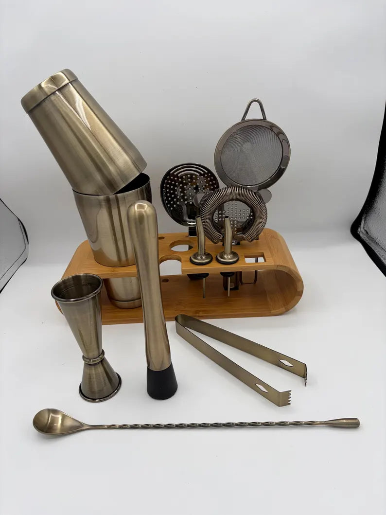Cocktail Shaker Set Bartender Kit Antique Brass Plated Finish Stainless Steel 11-Piece with Stand Home Bar Mixologist Barware Boston Shaker