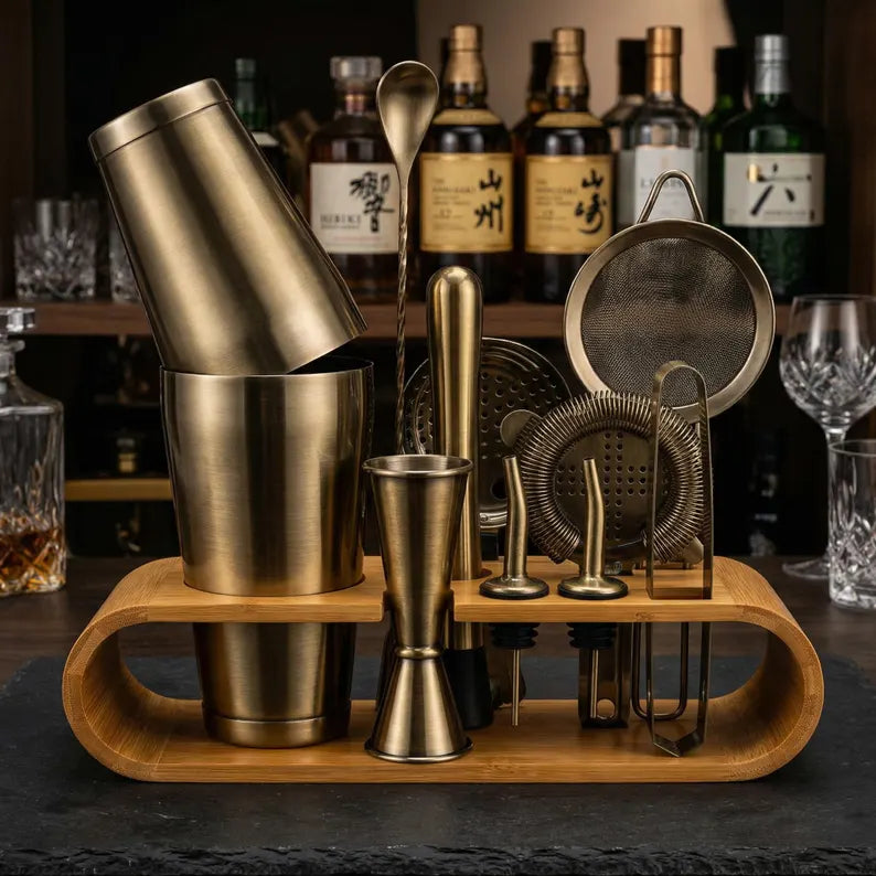 Cocktail Shaker Set Bartender Kit Antique Brass Plated Finish Stainless Steel 11-Piece with Stand Home Bar Mixologist Barware Boston Shaker