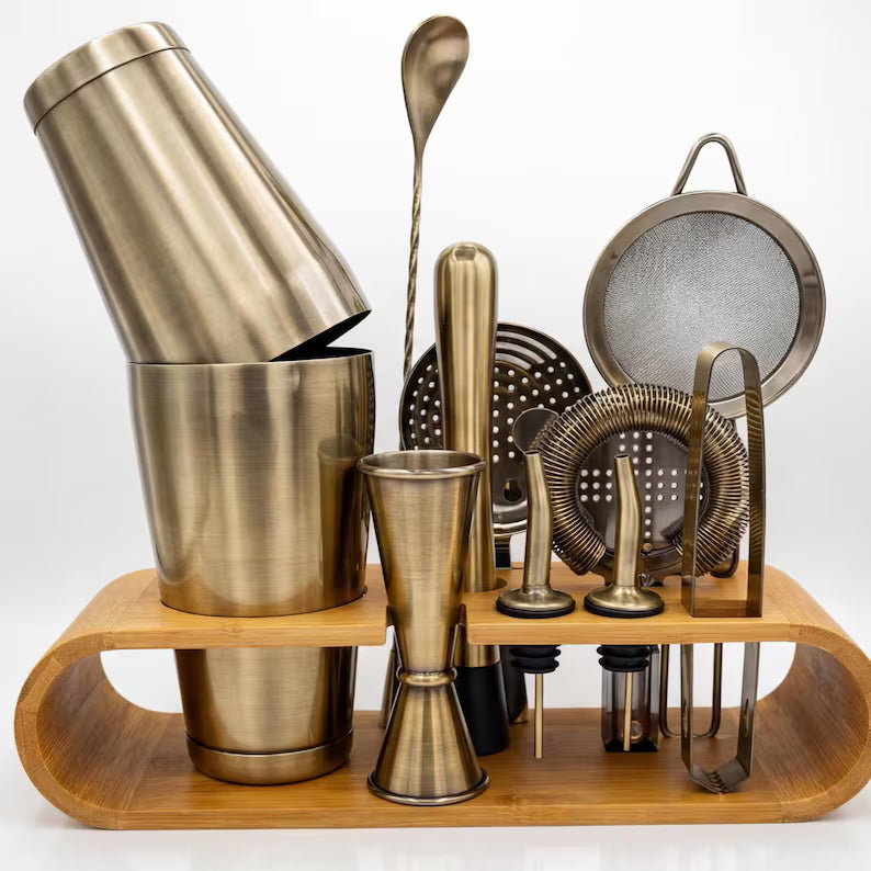 Cocktail Shaker Set Bartender Kit Antique Brass Plated Finish Stainless Steel 11-Piece with Stand Home Bar Mixologist Barware Boston Shaker