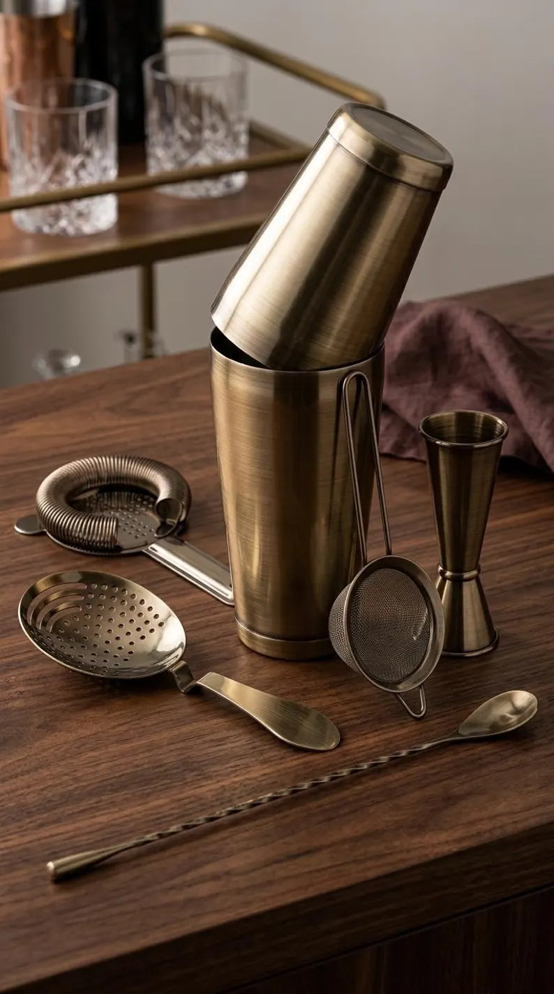 Cocktail Shaker Set Bartender Kit Antique Brass Plated Finish Stainless Steel 11-Piece with Stand Home Bar Mixologist Barware Boston Shaker