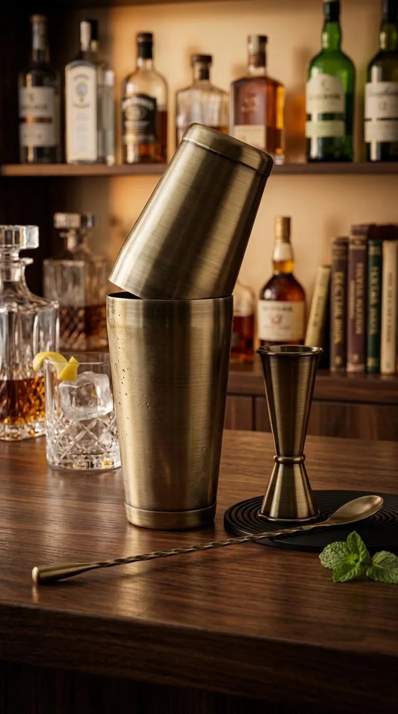Cocktail Shaker Set Bartender Kit Antique Brass Plated Finish Stainless Steel 11-Piece with Stand Home Bar Mixologist Barware Boston Shaker