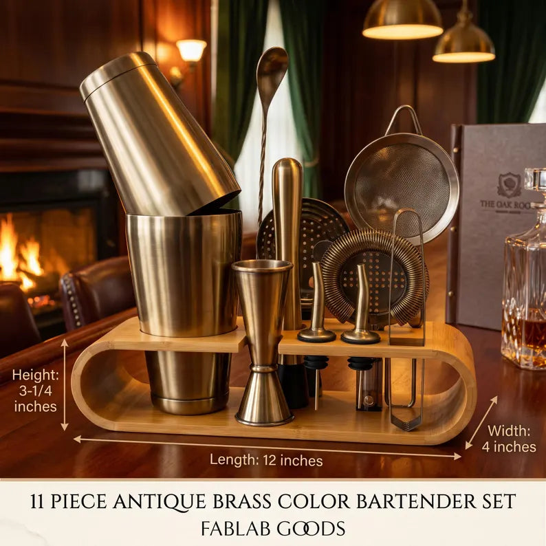 Cocktail Shaker Set Bartender Kit Antique Brass Plated Finish Stainless Steel 11-Piece with Stand Home Bar Mixologist Barware Boston Shaker