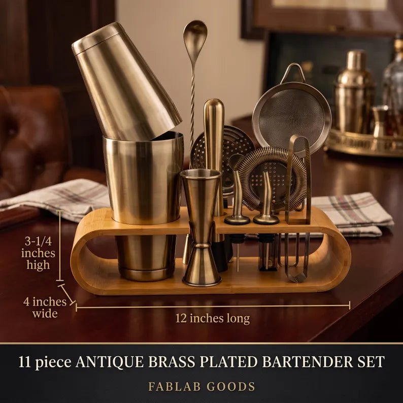 Cocktail Shaker Set Bartender Kit Antique Brass Plated Finish Stainless Steel 11-Piece with Stand Home Bar Mixologist Barware Boston Shaker