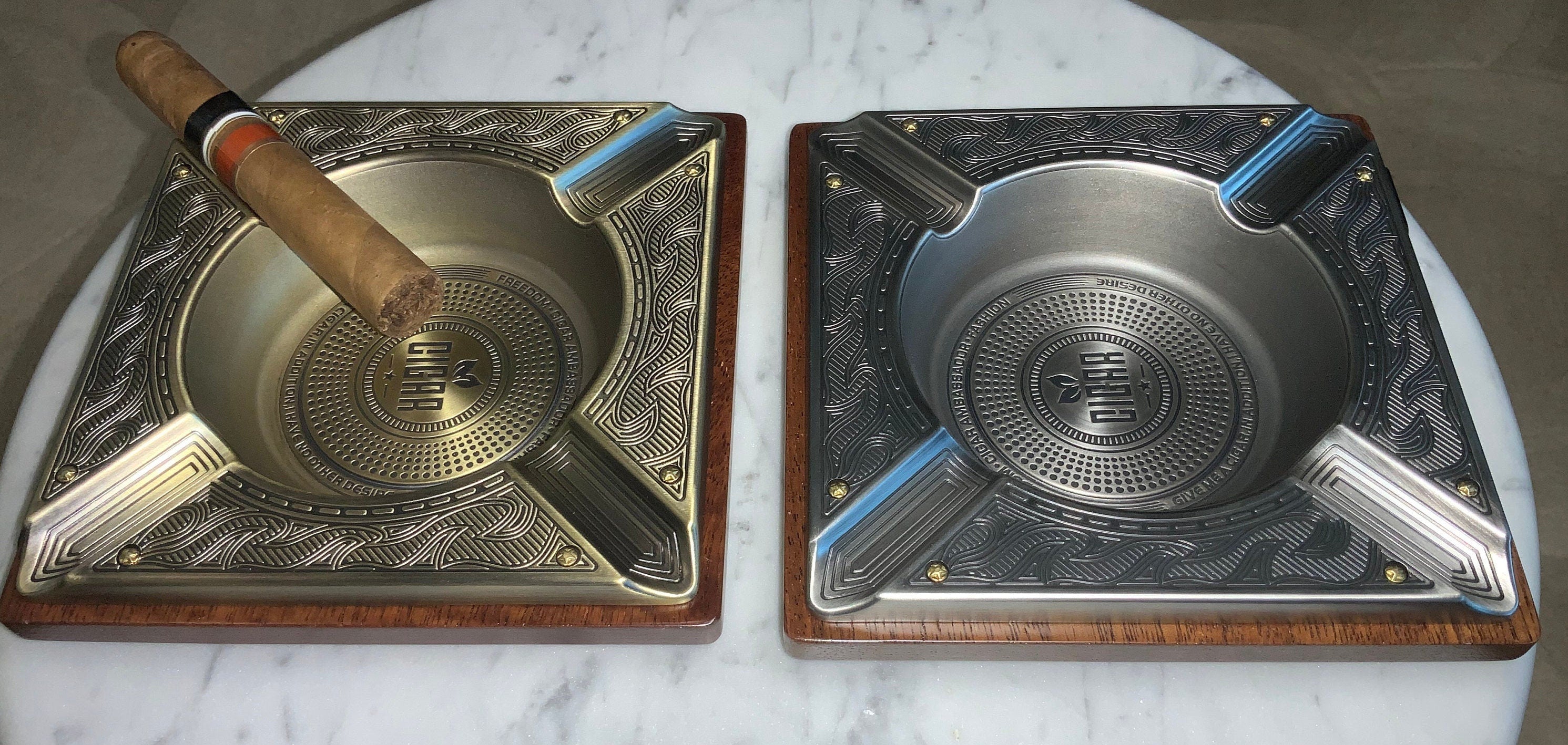 Cigar AshTray,  embossed vintage design. Large tabletop  size ashtray. Cigar accessory, man cave decor, bronze or silver finish, luxury