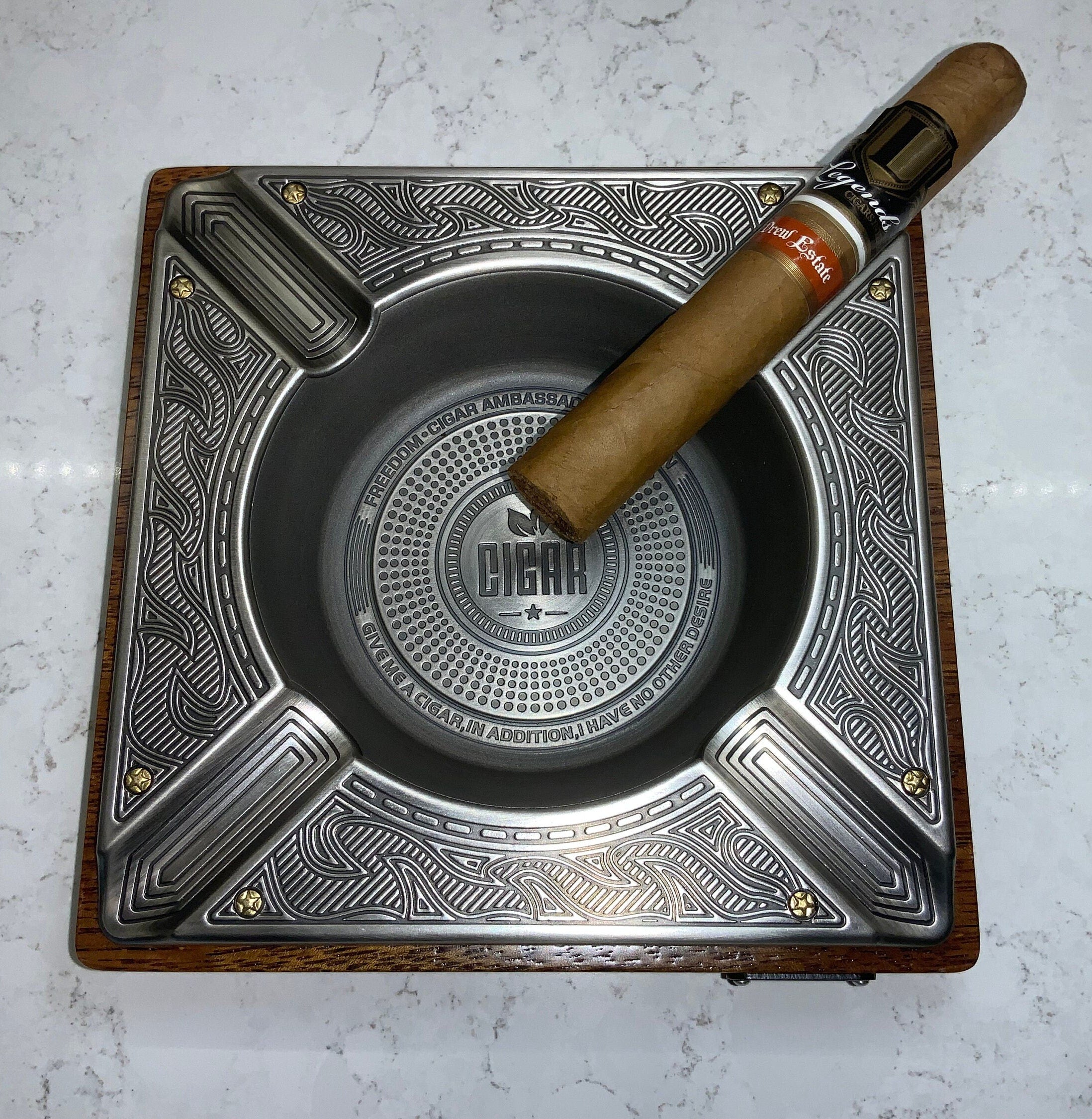 Cigar AshTray,  embossed vintage design. Large tabletop  size ashtray. Cigar accessory, man cave decor, bronze or silver finish, luxury