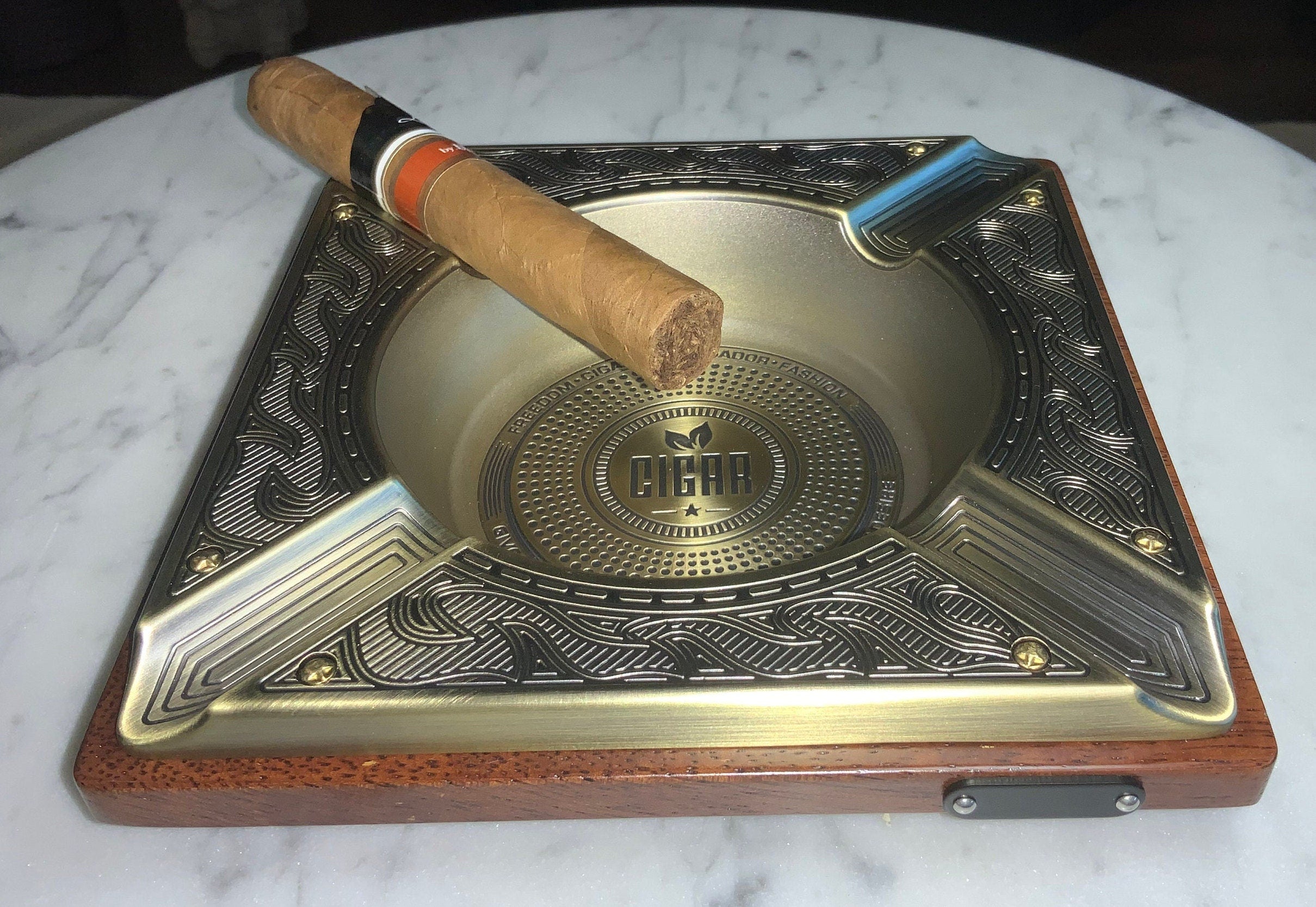 Cigar AshTray,  embossed vintage design. Large tabletop  size ashtray. Cigar accessory, man cave decor, bronze or silver finish, luxury