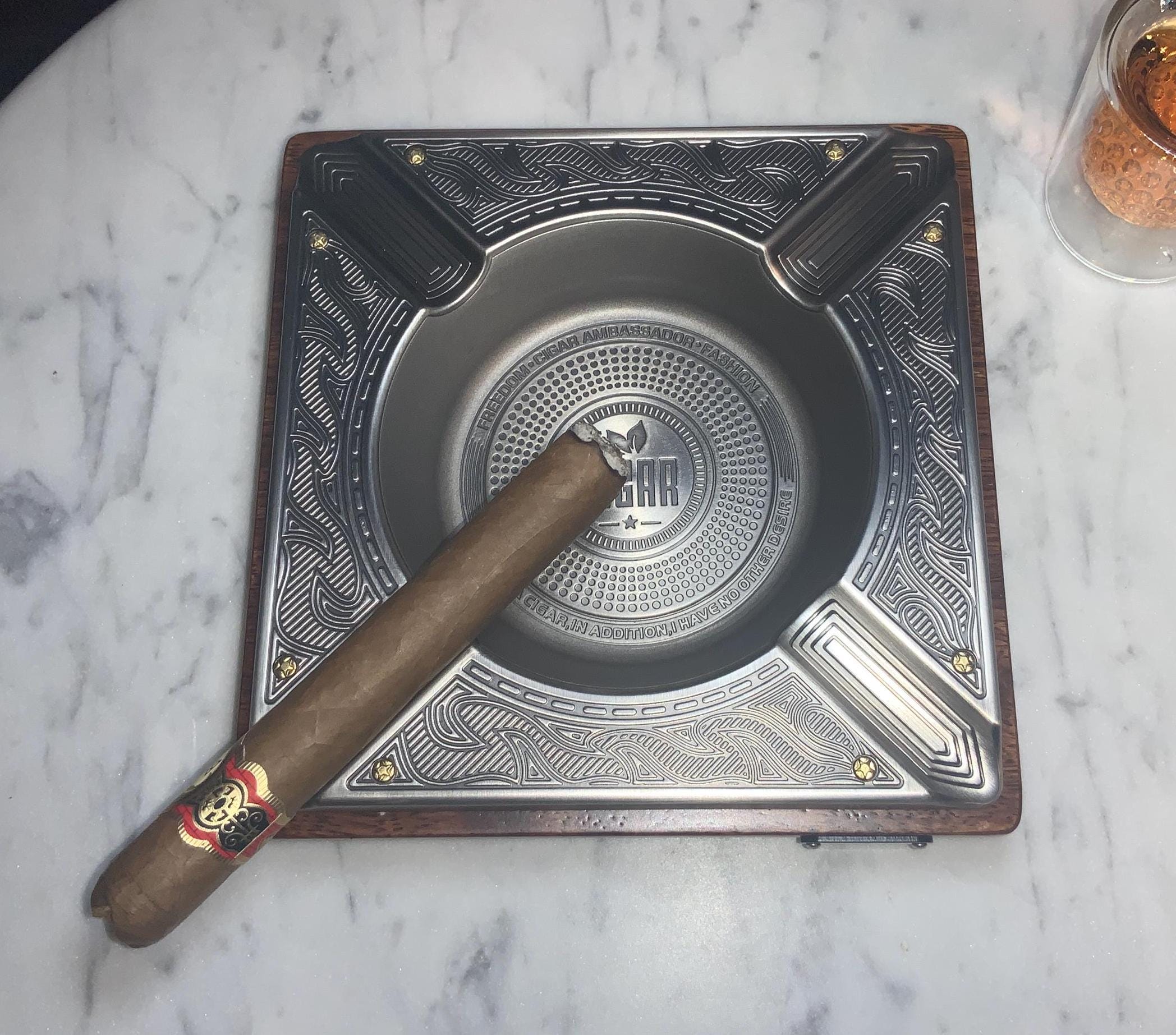 Cigar AshTray,  embossed vintage design. Large tabletop  size ashtray. Cigar accessory, man cave decor, bronze or silver finish, luxury