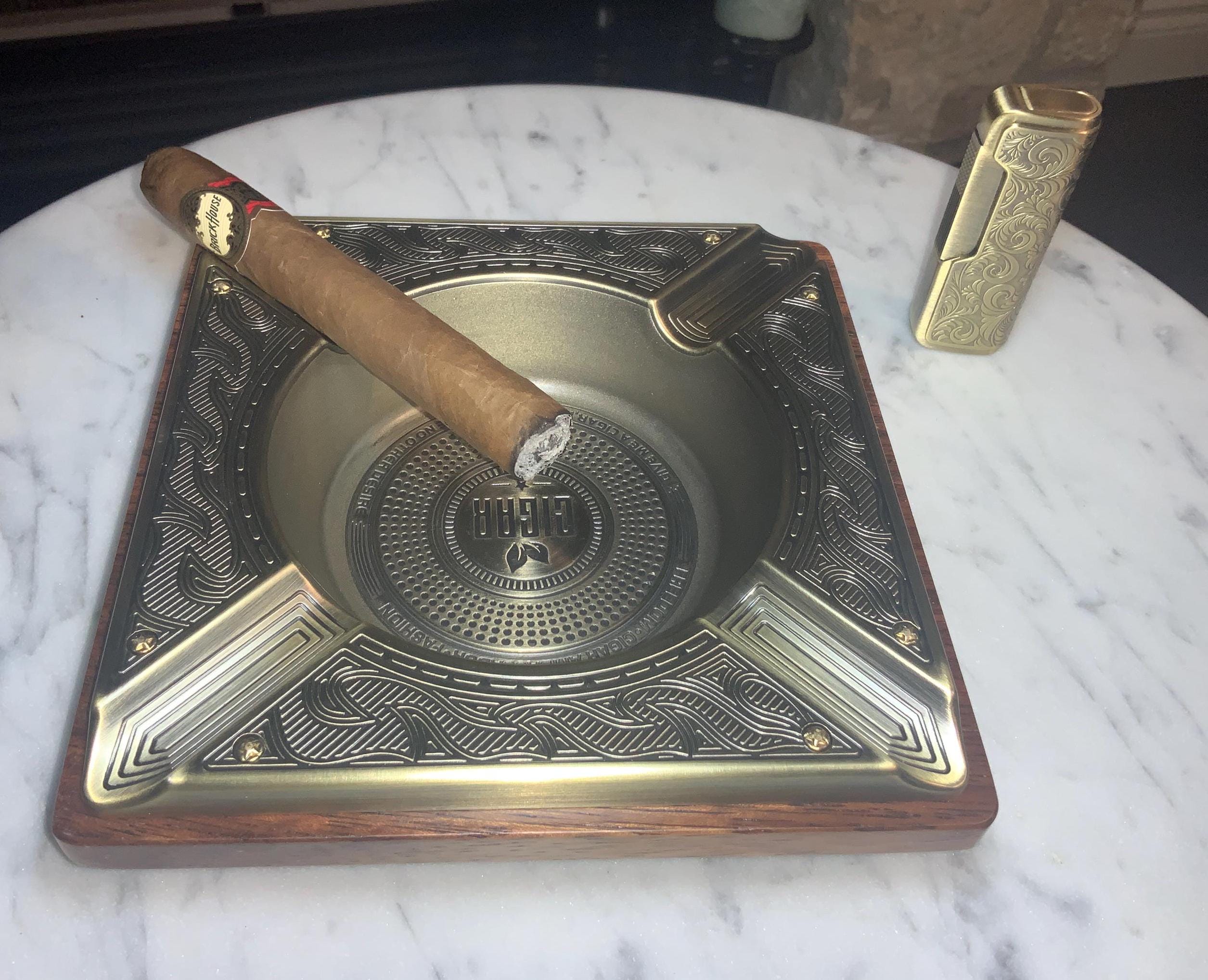 Cigar AshTray,  embossed vintage design. Large tabletop  size ashtray. Cigar accessory, man cave decor, bronze or silver finish, luxury